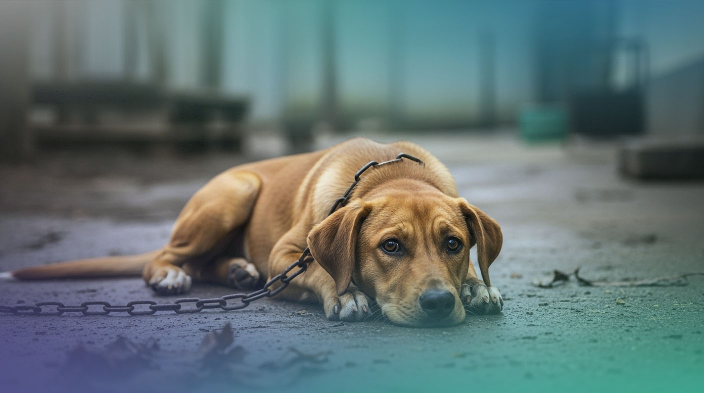 Um cachorro com cara triste, deitado no chão com uma corrente grossa no pescoço.