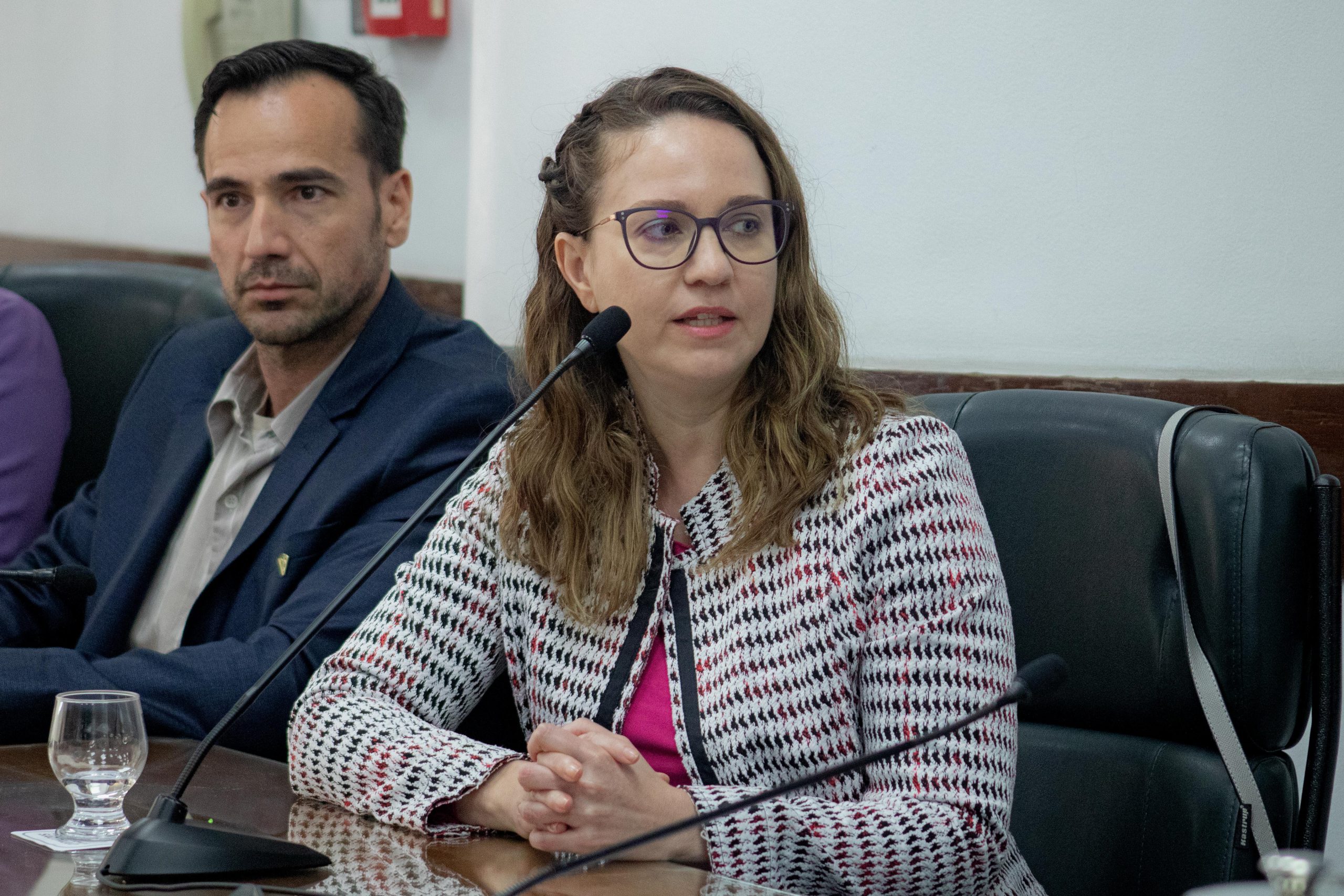 Mulher branca de olhos claros e cabelo loiro escuro usando óculos com armação roxa. Ela veste casaco branco estampado nas cores preto e vermelho e blusa magenta, sentada falando no microfone. É a presidente do CRMV-SP, Daniela Pontes Chiebao.