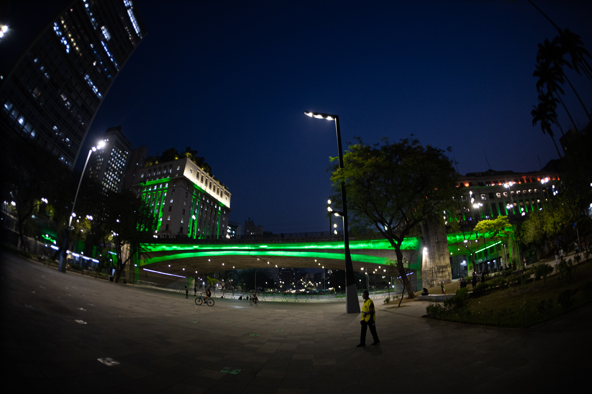 Viaduto do Chá iluminado em verde em celebração ao Dia do Médico-Veterinário.