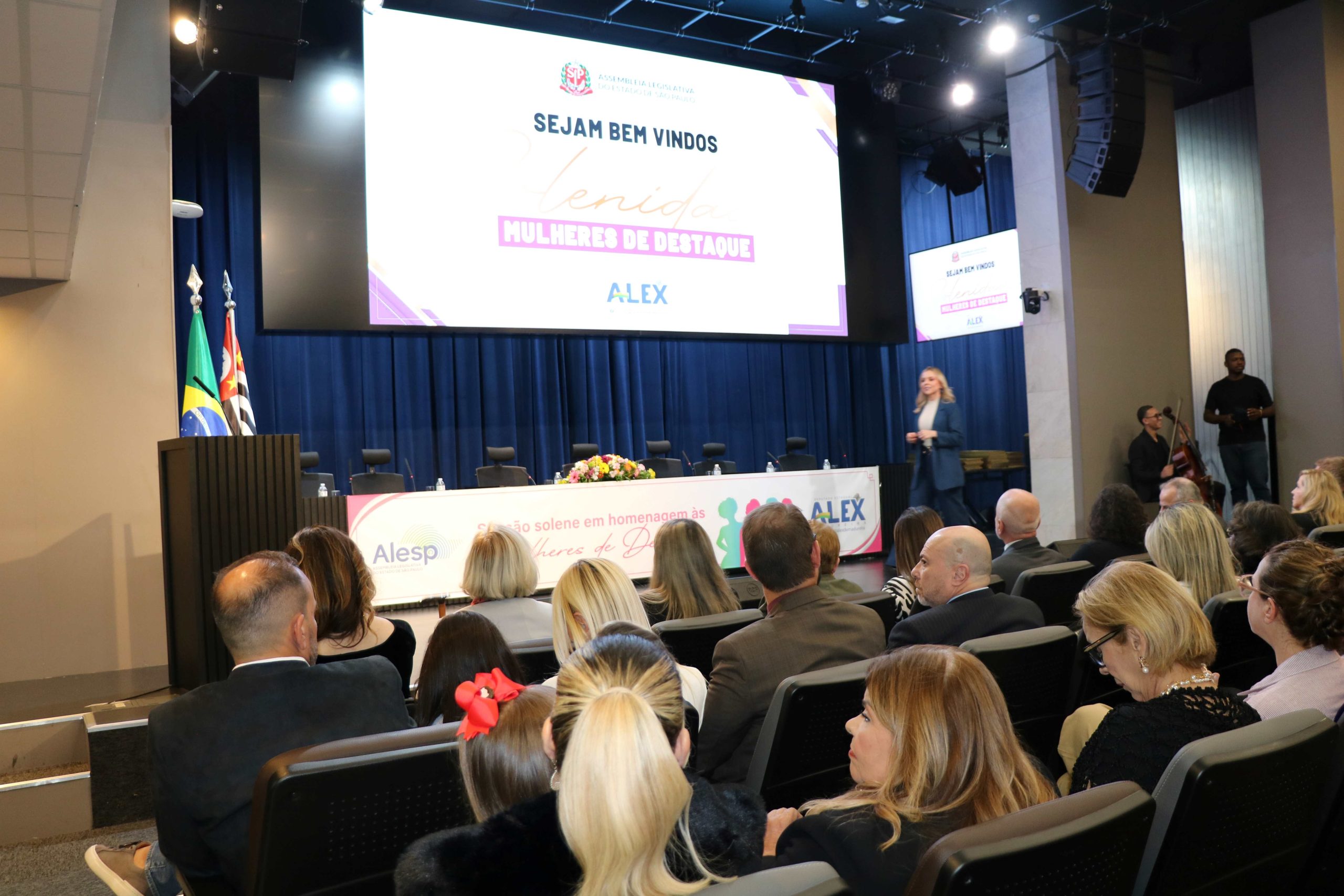 Público olhando em direção ao palco em auditório oficial na Alesp.