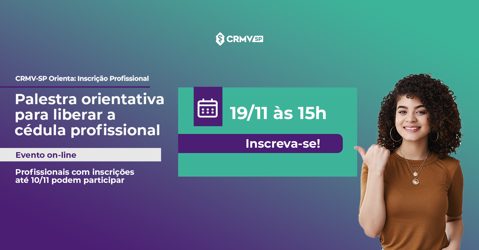 Mulher de cabelo cacheado na altura dos ombros apontando para a data da palestra crmv-sp orienta