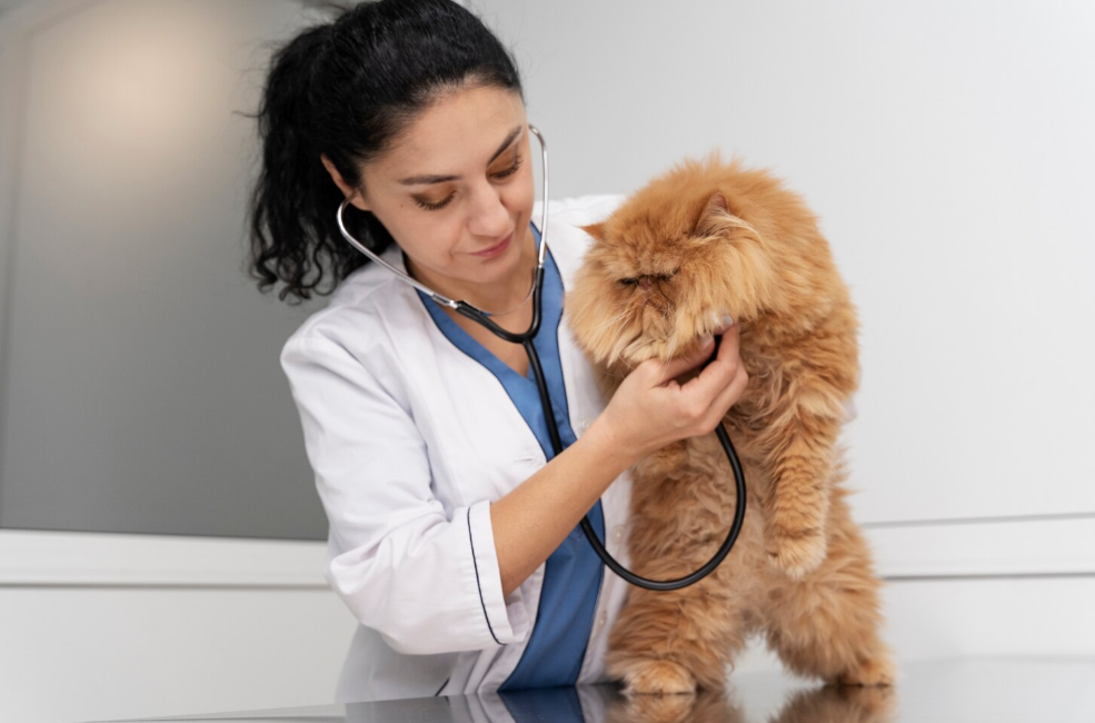 Médico-veterinário ouvindo o coração de um gato com estetoscópio.