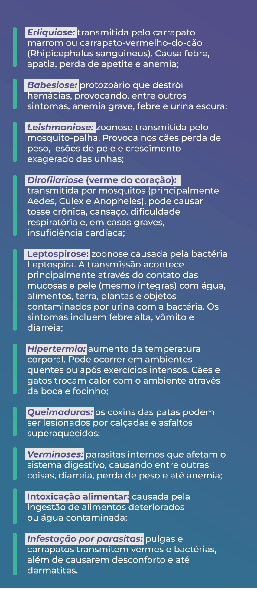 Infográfico em tons de azul esverdeado e roxo com os dizeres:
•	Erliquiose: transmitida pelo carrapato marrom ou carrapato-vermelho-do-cão (Rhipicephalus sanguineus). Causa febre, apatia, perda de apetite e anemia;
•	Babesiose: protozoário que destrói hemácias, provocando, entre outros sintomas, anemia grave, febre e urina escura;
•	Leishmaniose: zoonose transmitida pelo mosquito-palha. Provoca nos cães perda de peso, lesões de pele e crescimento exagerado das unhas;
•	Dirofilariose (verme do coração): transmitida por mosquitos (principalmente Aedes, Culex e Anopheles), pode causar tosse crônica, cansaço, dificuldade respiratória e, em casos graves, insuficiência cardíaca;
•	Leptospirose: zoonose causada pela bactéria Leptospira. A transmissão acontece principalmente através do contato das mucosas e pele (mesmo íntegras) com água, alimentos, terra, plantas e objetos contaminados por urina com a bactéria. Os sintomas incluem febre alta, vômito e diarreia;
•	Hipertermia: aumento da temperatura corporal. Pode ocorrer em ambientes quentes ou após exercícios intensos. Cães e gatos trocam calor com o ambiente através da boca e focinho;
•	Queimaduras: os coxins das patas podem ser lesionados por calçadas e asfaltos superaquecidos;
•	Verminoses: parasitas internos que afetam o sistema digestivo, causando entre outras coisas, diarreia, perda de peso e até anemia;
•	Intoxicação alimentar: causada pela ingestão de alimentos deteriorados ou água contaminada;
•	Infestação por parasitas: pulgas e carrapatos transmitem vermes e bactérias, além de causarem desconforto e até dermatites.