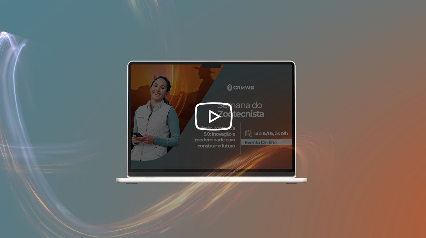 Arte com a tela de um notebook mostrando o vídeo da Semana do Zootecnista com um ícone de play grande ao centro.