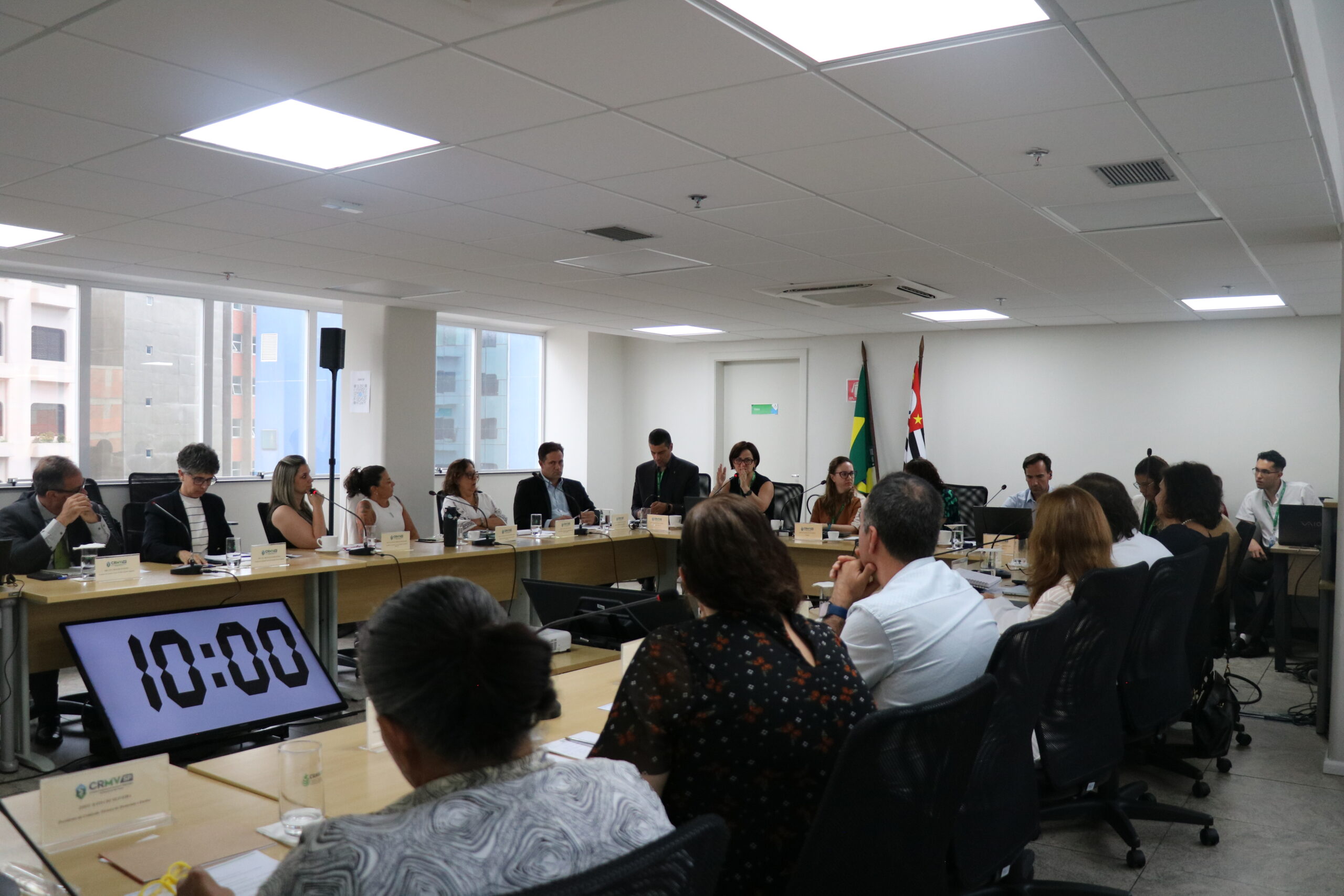 Em uma mesa formato U, homens e mulheres estão sentados e conversando, em reunião.