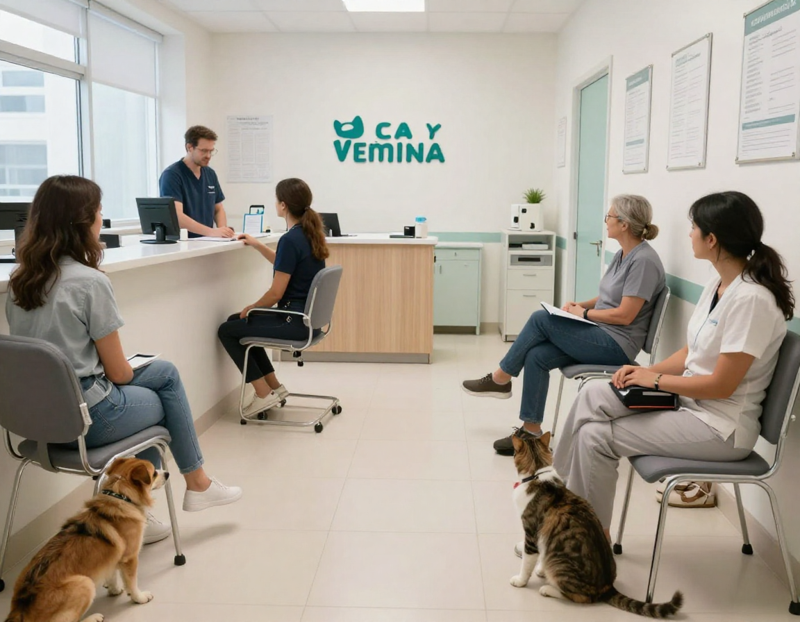 Pessoas sentadas na recepção de uma clínica veterinária. A sala tem paredes brancas e piso de madeira bege, nba frente da imagem 2 cães adultos sentados no chão.
