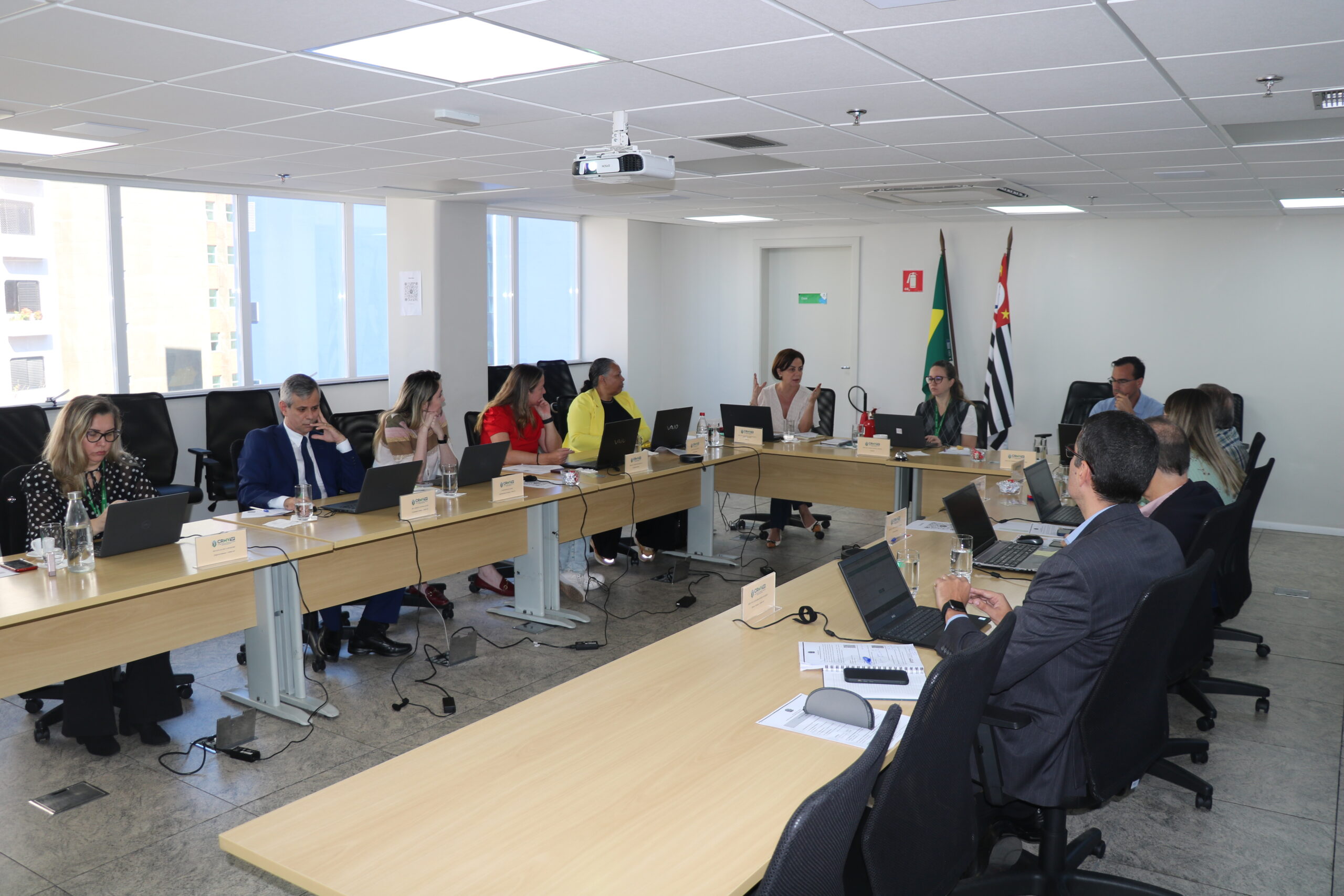 Homens e mulheres reunidos em uma mesa formato L, durante reunião plenária.