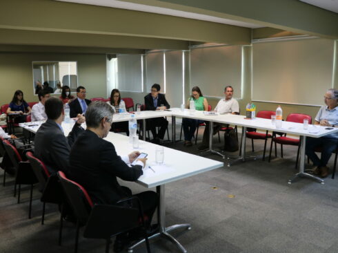 Diretores e representantes do CRMV-SP reunidos com representantes do setor de defesa agropecuária em uma mesa de reunião.