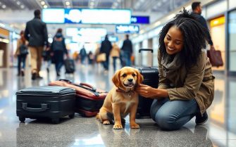 mulher jovem sorri enquanto faz carinho em filhote de cachorro no aeroporto, ao fundo 3 malas de viagem.