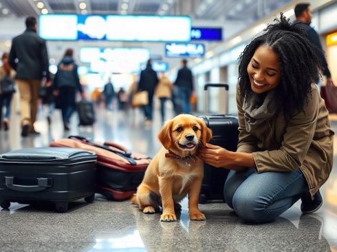 mulher jovem sorri enquanto faz carinho em filhote de cachorro no aeroporto, ao fundo 3 malas de viagem.