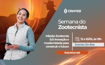 Imagem de mulher sorridente segurando telefone ao lado dos dizeres: Semana do Zootecnista. Inscreva-se.