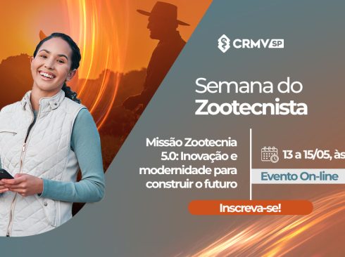 Imagem de mulher sorridente segurando telefone ao lado dos dizeres: Semana do Zootecnista. Inscreva-se.