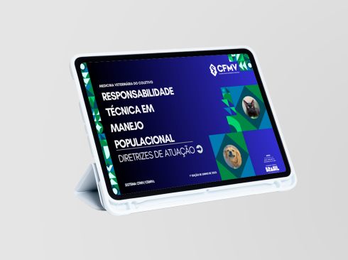 Tablet branco com a capa das Diretrizes de RESPONSABILIDADE TÉCNICAEM MANEJO POPULACIONAL. A capa apresenta a imagem de um cachorro na cor caramelo e um gato preto e as cores azul e verde de fundo.