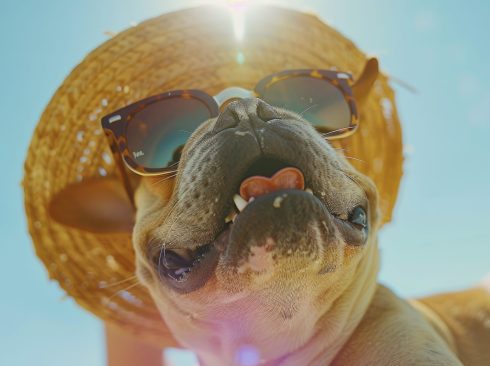 cão usando óculos escuros e chapéu na praia.