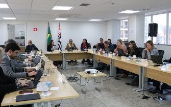 Na sala da plenária, em uma mesa em formato de U, a Diretoria Executiva, as conselheiras e demais funcionários do CRMV-SP, além de integrantes do CFMV (presidente e secretário-geral) discutem as pautas do mês.