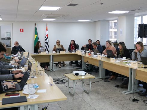 Na sala da plenária, em uma mesa em formato de U, a Diretoria Executiva, as conselheiras e demais funcionários do CRMV-SP, além de integrantes do CFMV (presidente e secretário-geral) discutem as pautas do mês.