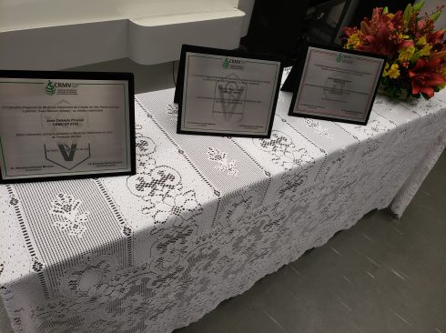 Mesa com toalha branca contendo 3 placas de homenagem e flores.