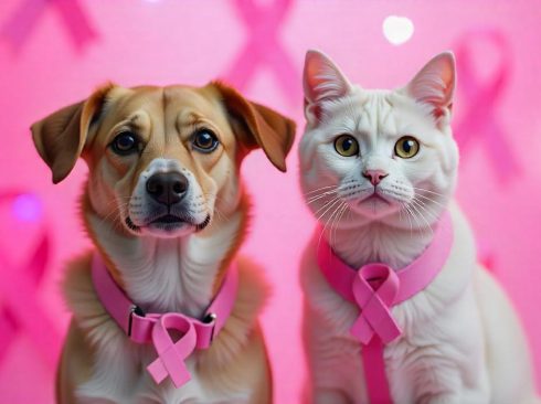 cachorra e gata usando laço rosa que simboliza a luta contra o câncer de mama. Ao fundo, vários laços rosas, símbolo da campanha.