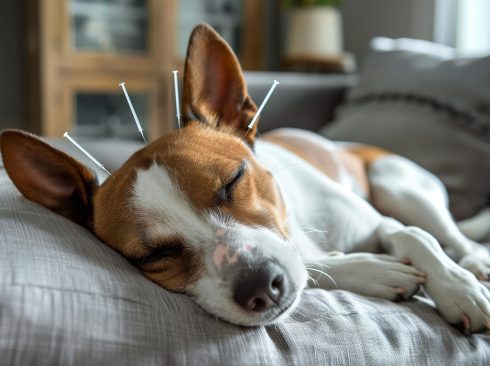 Cão descansa enquanto recebe aplicação de acupuntura. Ele é de porte pequeno, branco e caramelo.