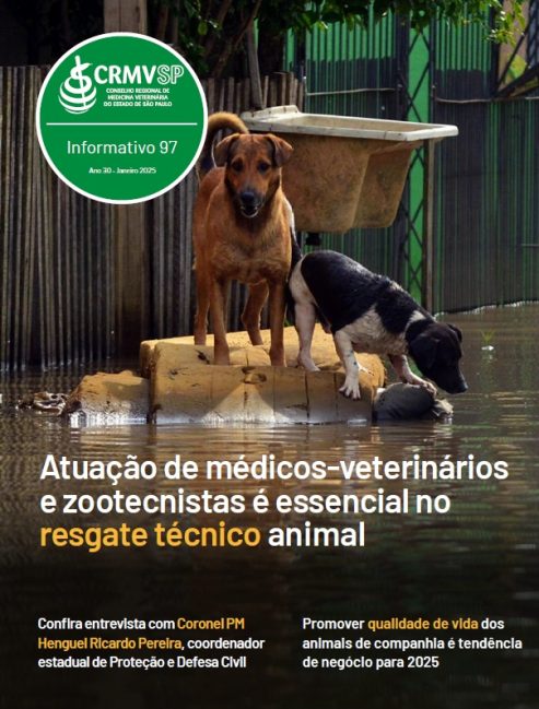 Capa do Informativo 97 do CRMV-SP traz dois cães sem raça definida isolados em cima de um colchão no meio de uma enchente. A edição tem como tema a atuação de médicos-veterinários e zootecnistas no resgate técnico animal em situações de desastre.