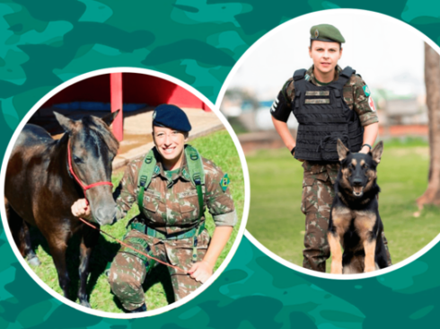 Na imagem da esquerda, uma militar ao lado de um cavalo e na da direita, uma militar com um cachorro