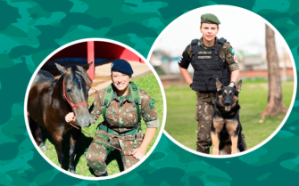 Na imagem da esquerda, uma militar ao lado de um cavalo e na da direita, uma militar com um cachorro