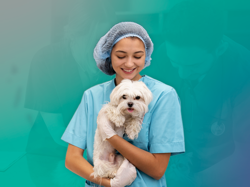 Mulher jovem vestindo uniforme azul segura cão branco de pequeno porte no colo.