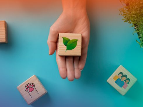 Uma mão estendida com símbolos da Uma Só Saúde, sapude, humana, ambiental, animal e vegetal.