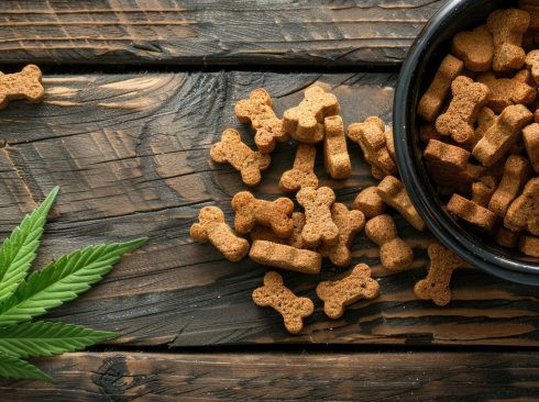 biscoitos caninos dentro de um pote redondo preto e no chão de madeira ao lado de duas folhas de erva cannabis.