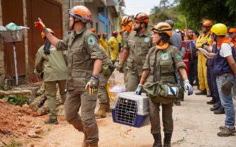 A imagem mostra uma cena de salvamento animal, com duas pessoas segurando gaiola de transporte animal.