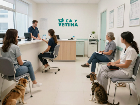 Pessoas sentadas na recepção de uma clínica veterinária. A sala tem paredes brancas e piso de madeira bege, nba frente da imagem 2 cães adultos sentados no chão.