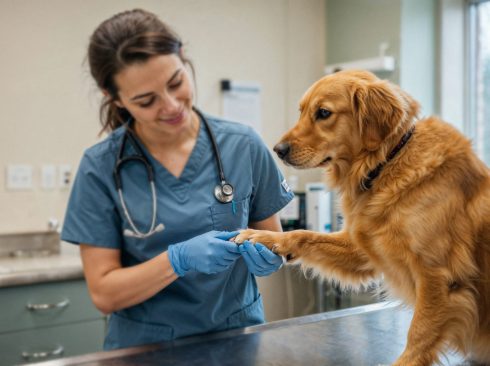 veterinarian-examining-golden-retriever-s-paw